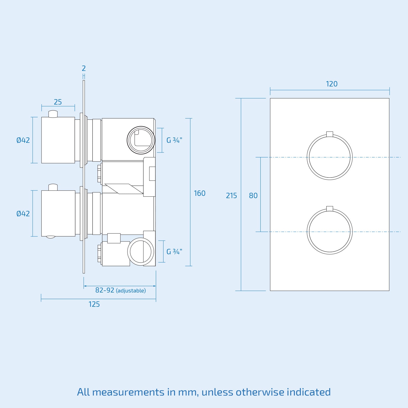 Lily 2 Dial 2 Way Round Concealed Thermostatic Mixer Valve, Slider Rail, Handset & Bath Filler Chrome