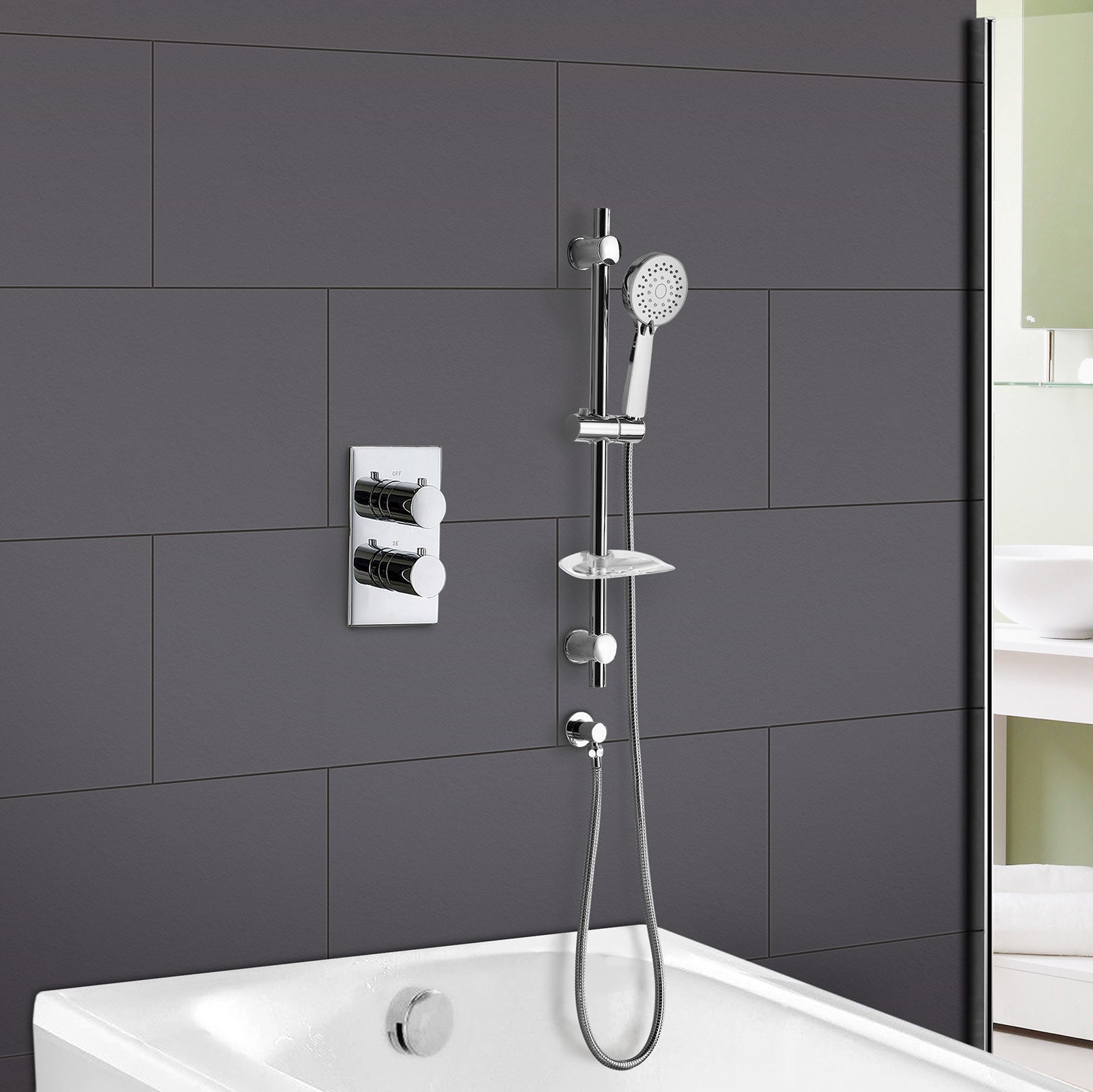 Bathroom Concealed Thermostatic Shower Mixer Slim Head Adjustable Rail Handset