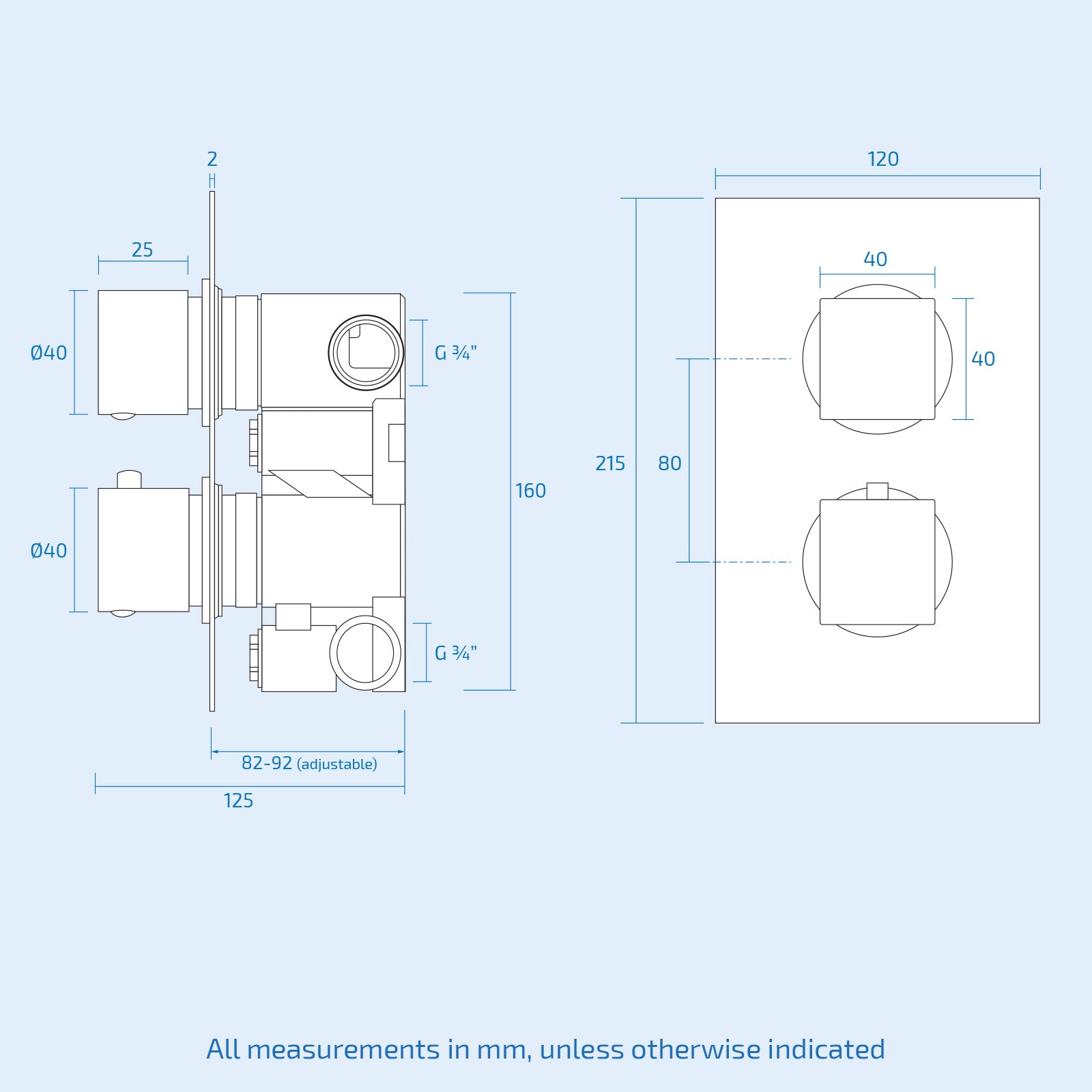 Temel Modern Square 2 Way Concealed Thermostatic Shower Mixer Valve Chrome