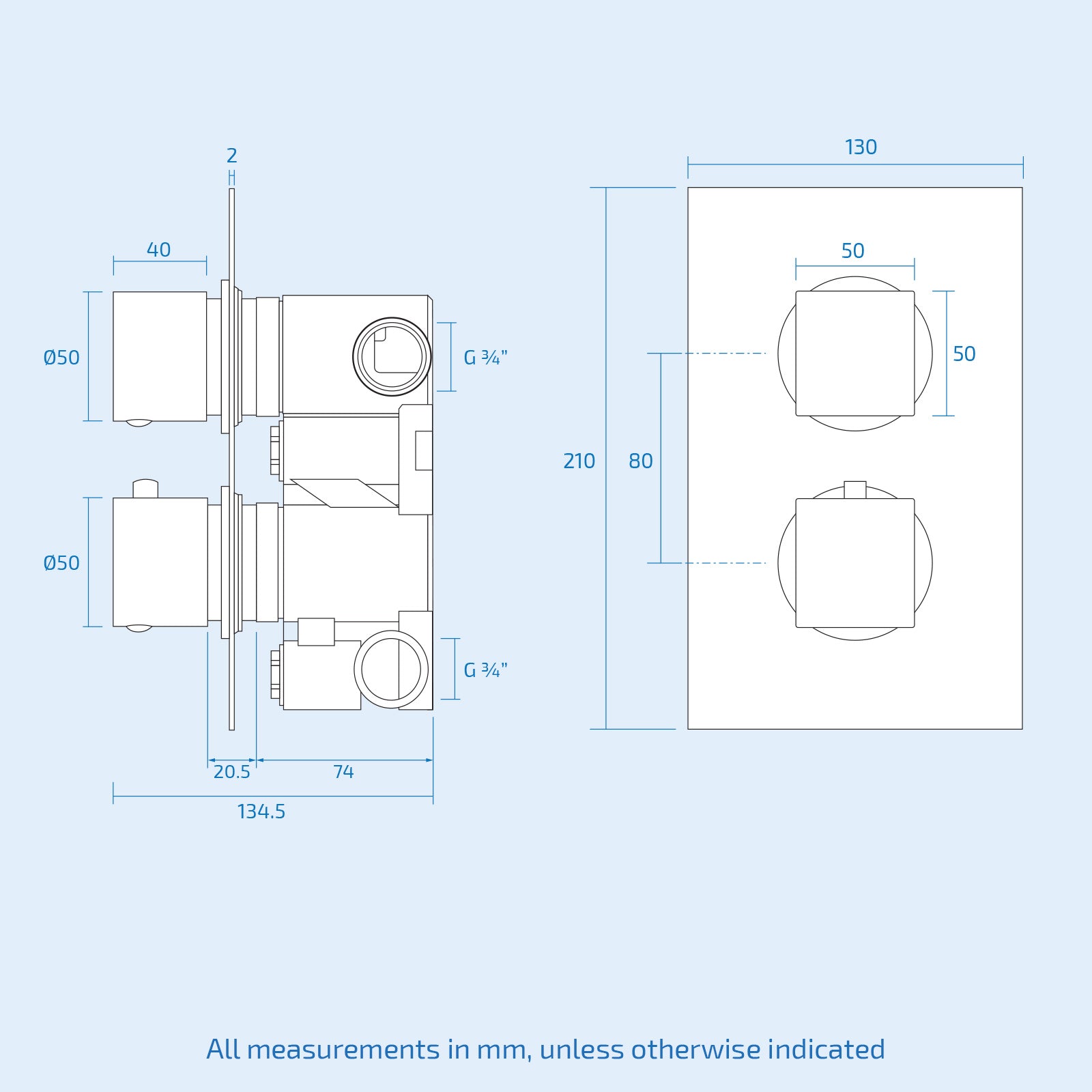 Temel Matte Black 2-Way Concealed Square Thermostatic Shower Mixer Valve Set