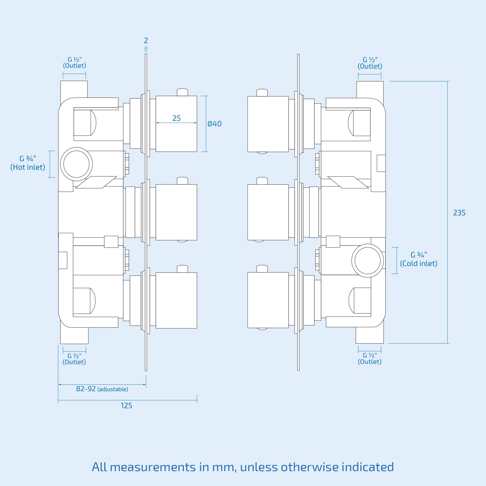 3 Dial 2 Outlet Concealed Thermostatic Shower - Round- Refined Valve