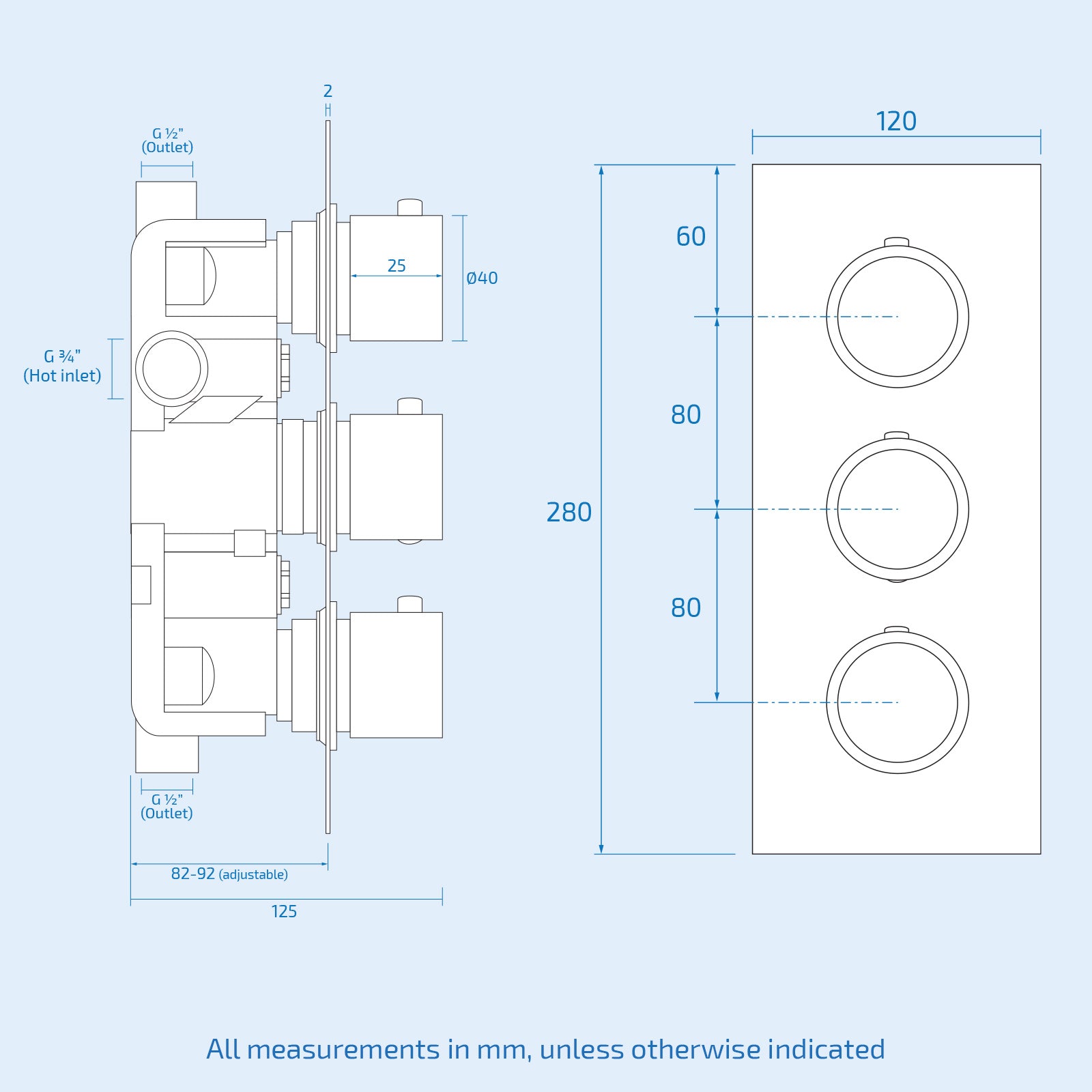 3 Dial 2 Outlet Concealed Thermostatic Shower - Round- Refined Valve