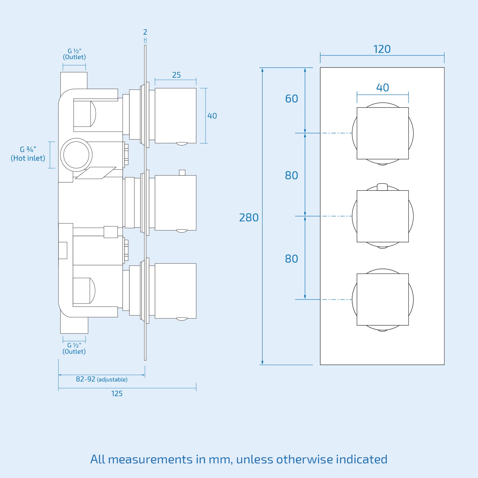 Lilly 3 Dial 2 Way Square Concealed Thermostatic Mixer Valve, Slim Square Handset & Bath Filler Chrome