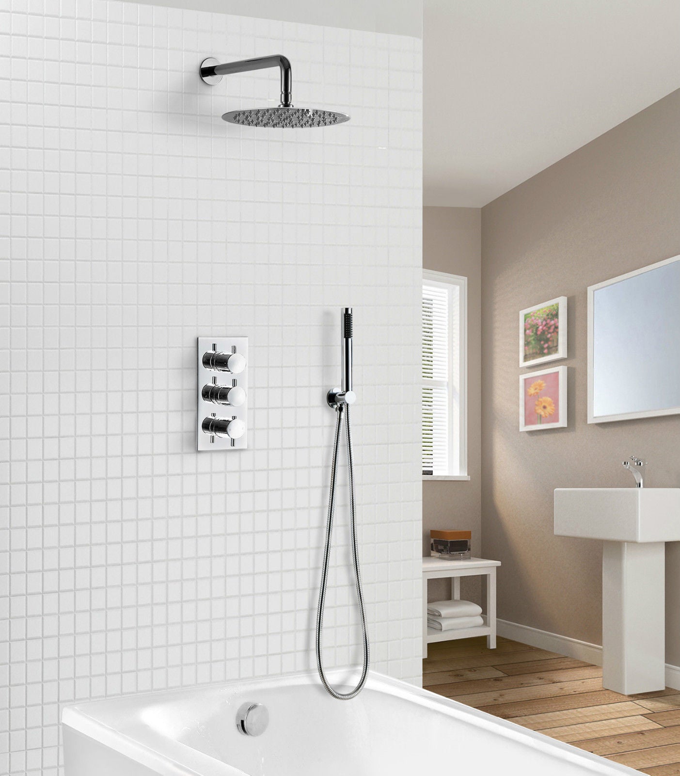 Calla Concealed Slim Overhead Shower Head 3 Dial Thermostatic Valve And Pencil Handset