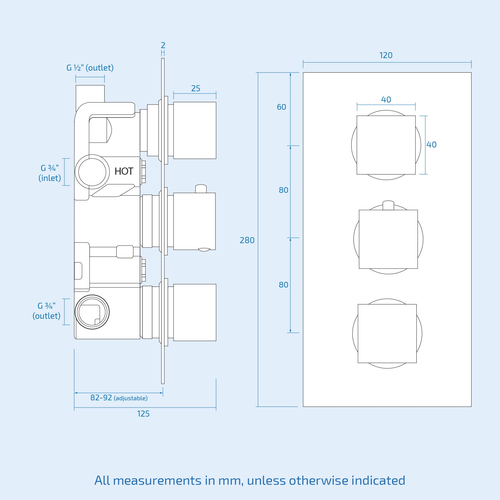 Olive Square 3 Way Concealed Thermostatic Shower Mixer Valve, Ceiling Shower Head, Handset, Bath Filler Set Chrome