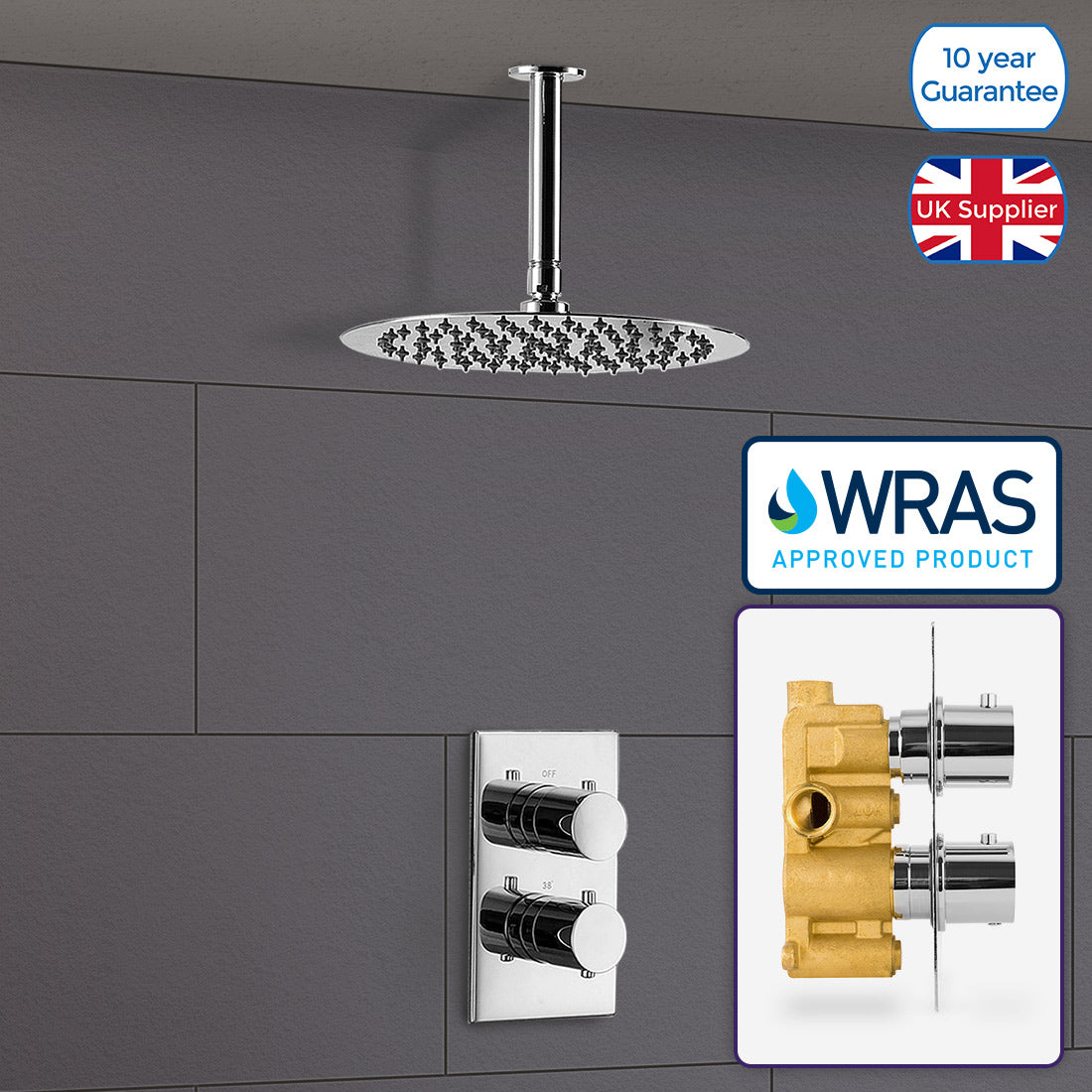 Lily Ceiling Slim Round Head with Concealed Thermostatic Shower Mixer Valve