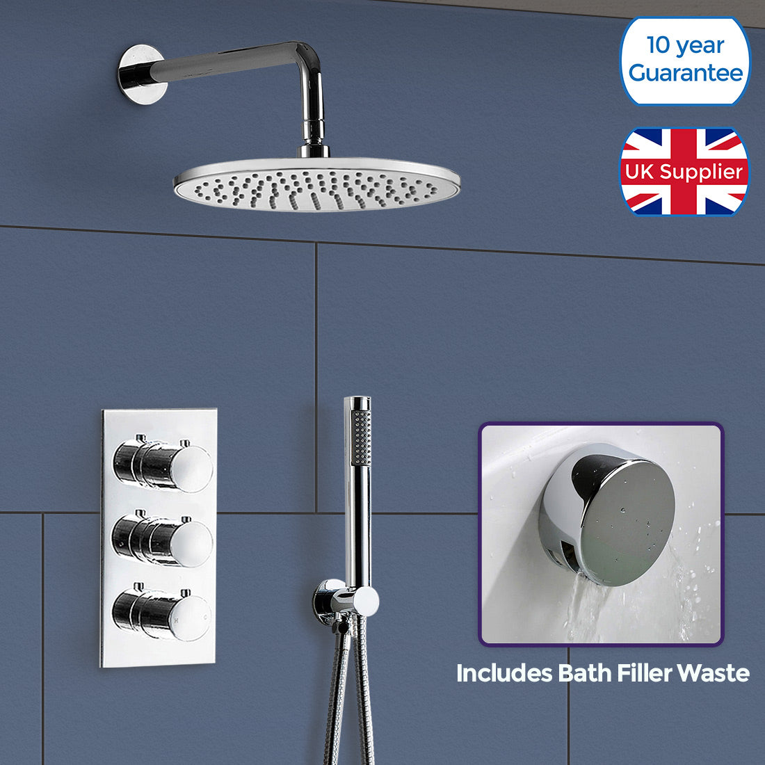 Flora Round 3 Way Concealed Thermostatic Mixer Shower Valve Pencil Handset Bath Filler