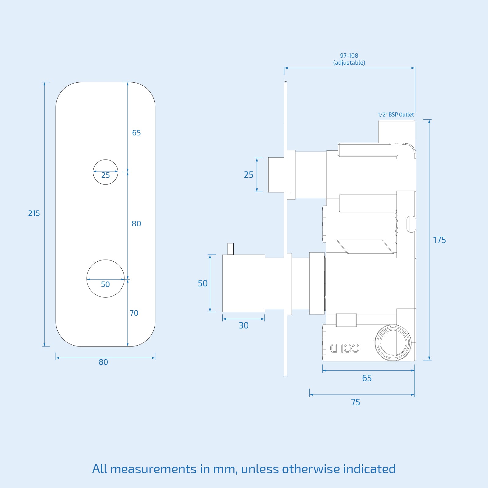 Kington One-Dial One-Way Push Button Thermostatic Mixer Valve, Slider Rail Kit