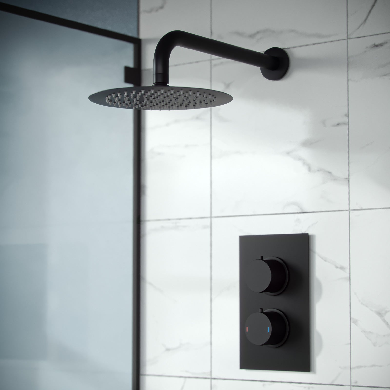 Porto Concealed Thermostatic Overhead 200mm Rainfall Shower Mixer Matte Black