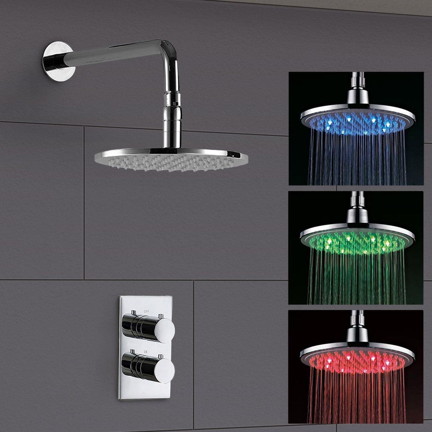 Lily 2 Dial 1 Way Round Concealed Thermostatic Mixer Valve & LED 200mm Round Shower Head Chrome