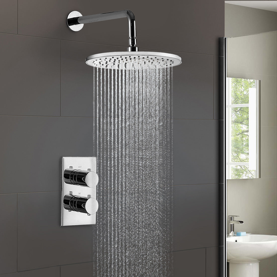 Lily 2 Dial 1 Way Round Concealed Thermostatic Mixer Valve & 200mm Round Shower Head Chrome