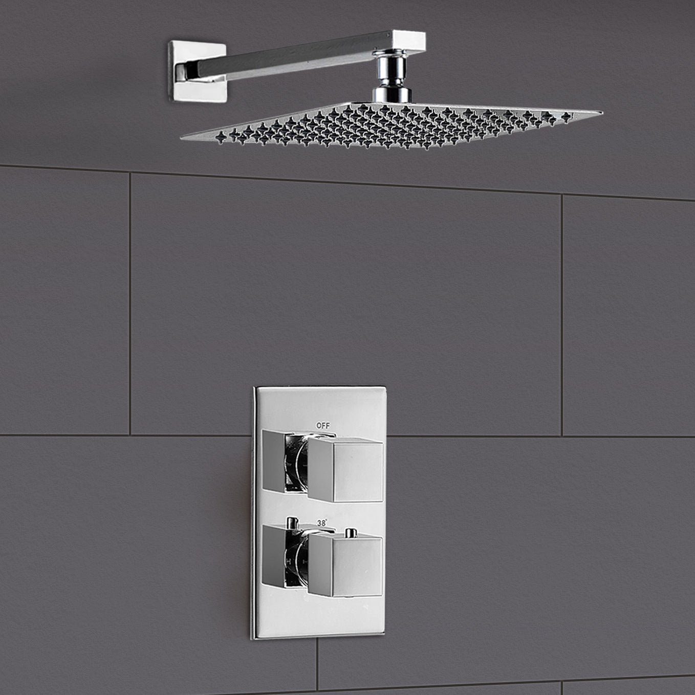 Square Thermostatic Concealed Mixer 2 Dial 1 Outlet + 300mm Shower Head + Arm | Neshome