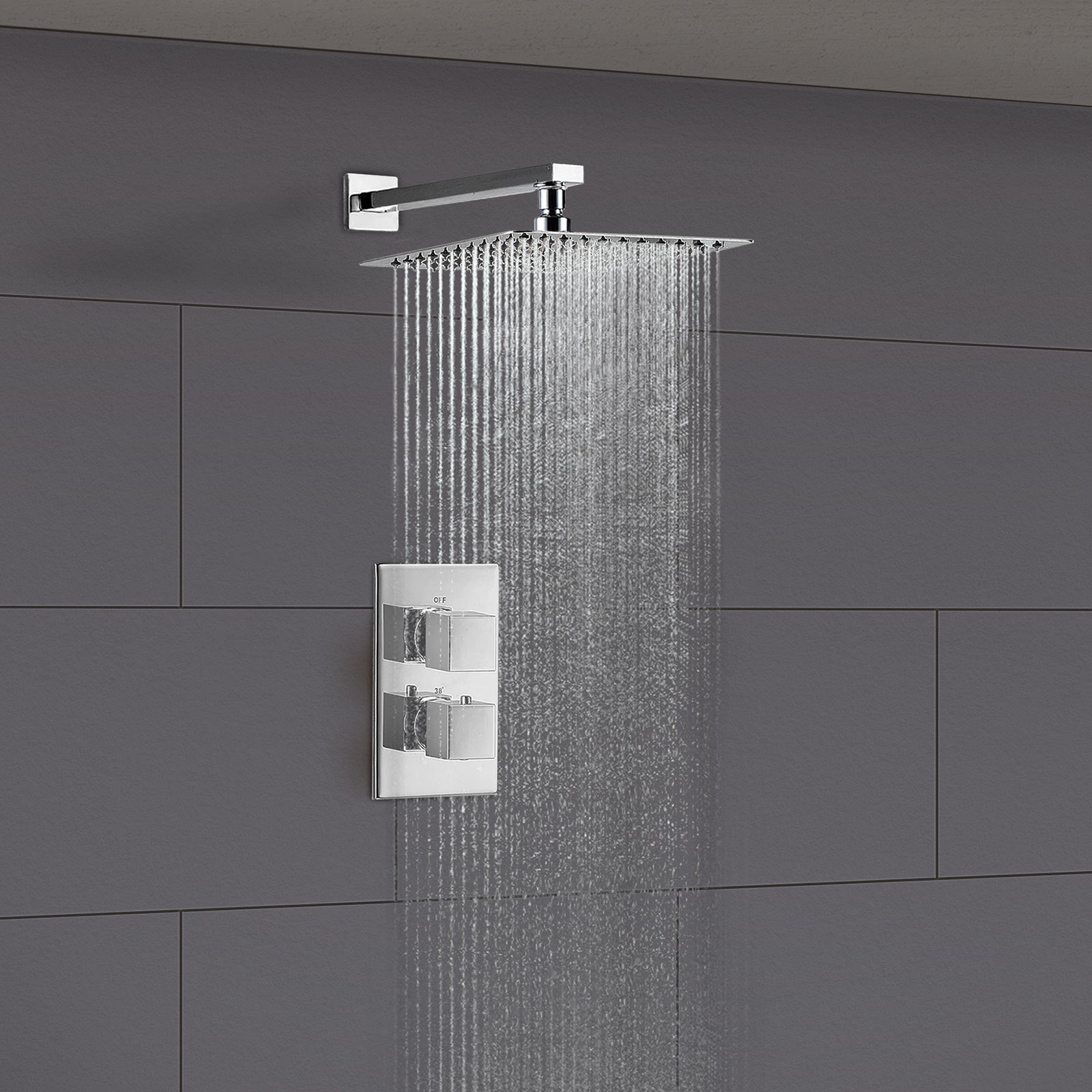 Square 2 Dial 1 Way Concealed Thermostatic Shower Mixer Valve Head Set