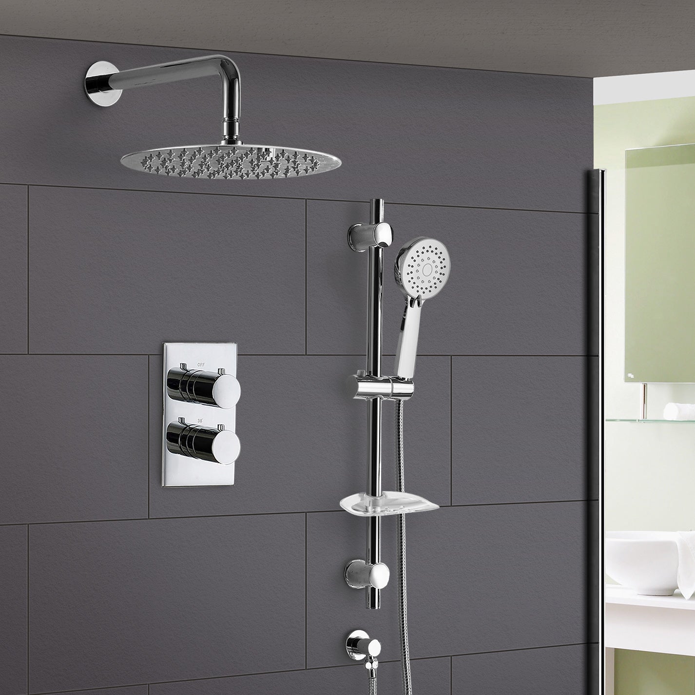 Bathroom Concealed Thermostatic Shower Mixer Slim Head Adjustable Rail Handset