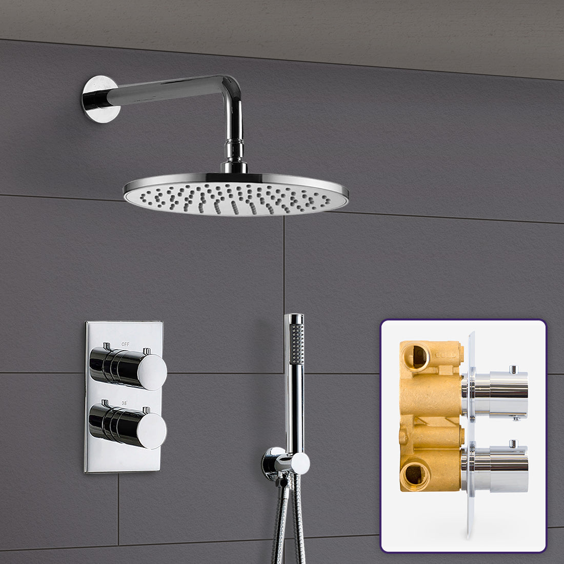 2 DIAL 2 WAY ROUND CONCEALED THERMOSTATIC MIXER VALVE ABS SHOWER HAND HELD KIT