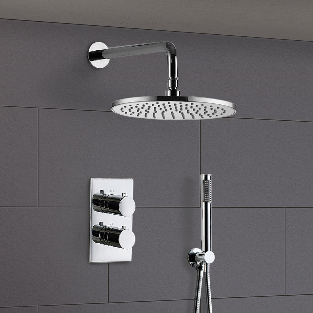 Lily Round Thermostatic Concealed Mixer Brass Valve 2 Dial 2 Outlet + 200mm Shower Head & Arm + Shower Handset & Bracket & Hose