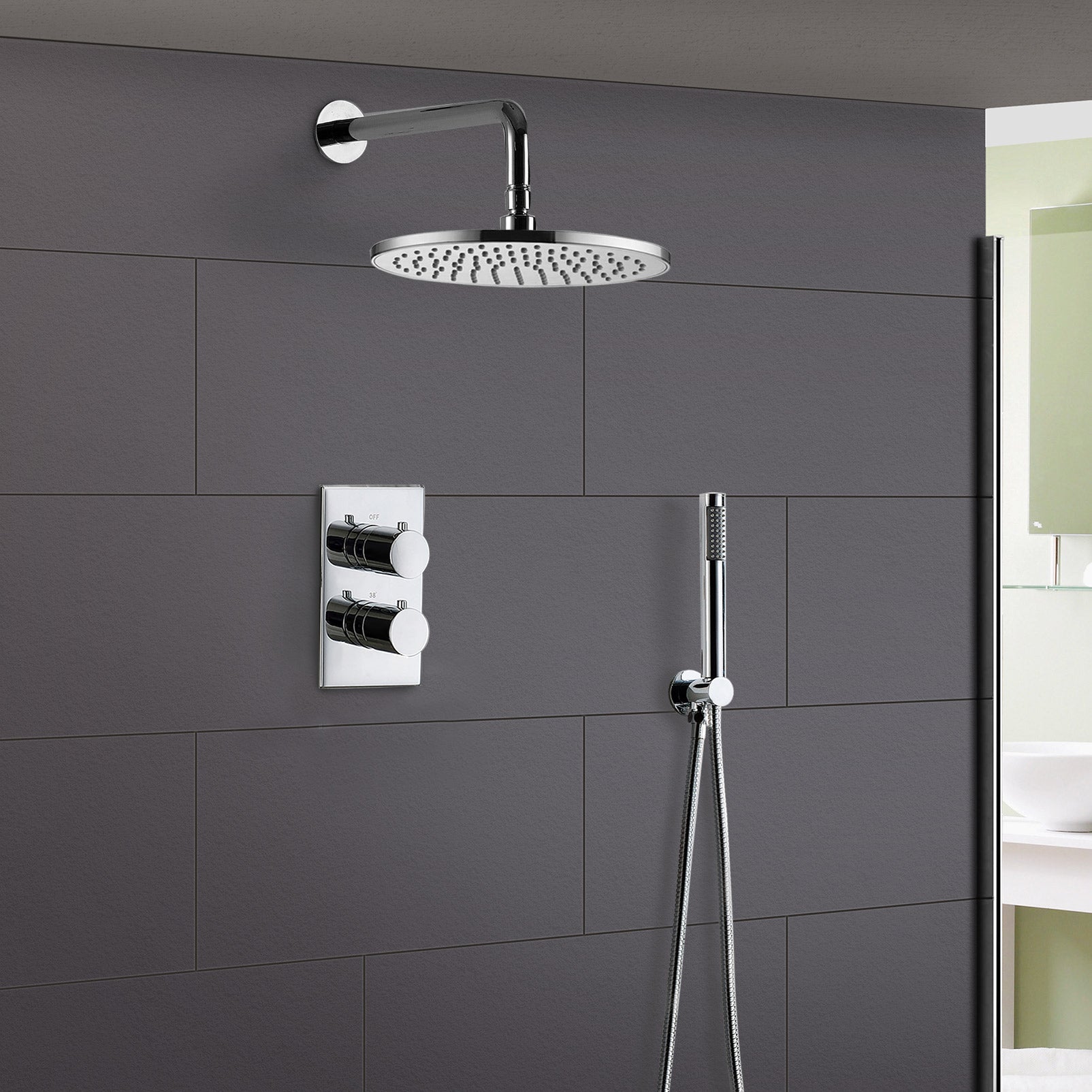 Lily Round Thermostatic Concealed Mixer Brass Valve 2 Dial 2 Outlet + 200mm Shower Head & Arm + Shower Handset & Bracket & Hose