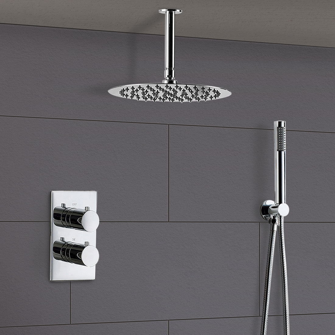 Contemporary Slim Two-Dial Two-Way Concealed Valve With Round Shower Head and Handheld Kit