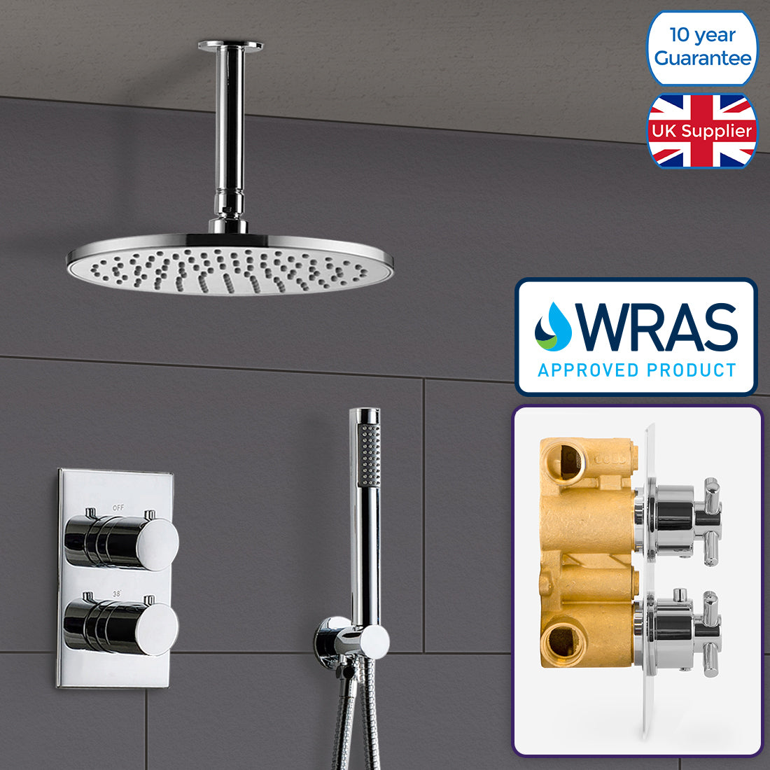 Lily Round Thermostatic Concealed Mixer Brass Valve 2 Dial 2 Outlet + 200mm Shower Head & Arm + Shower Handset & Bracket & Hose