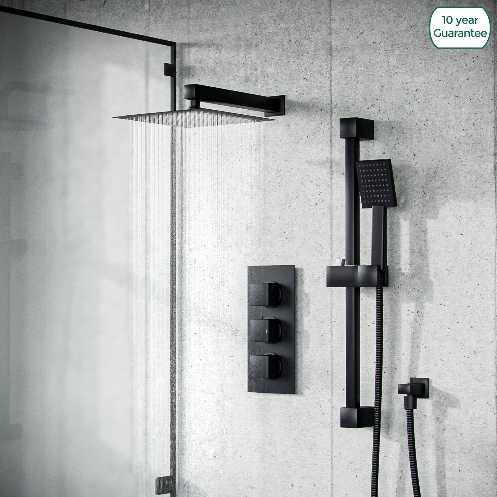 Temel Matt Black Rainfall Shower with Thermostatic Control and Hand Held Set