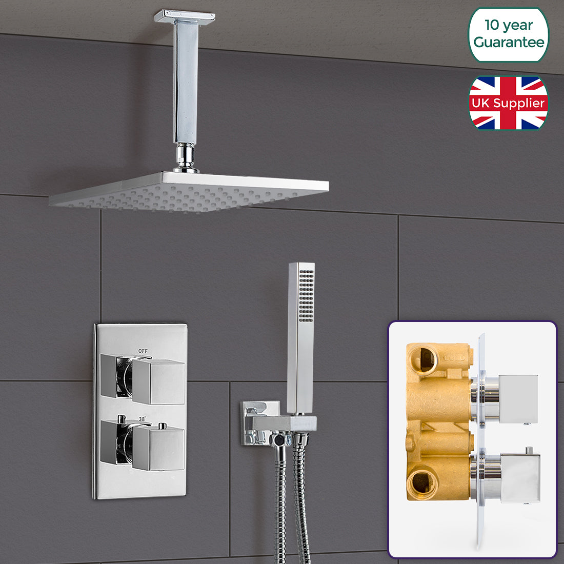 Temel 2 Dial 2 Way Square Concealed Thermostatic Mixer Valve Ceiling Hand Shower Set