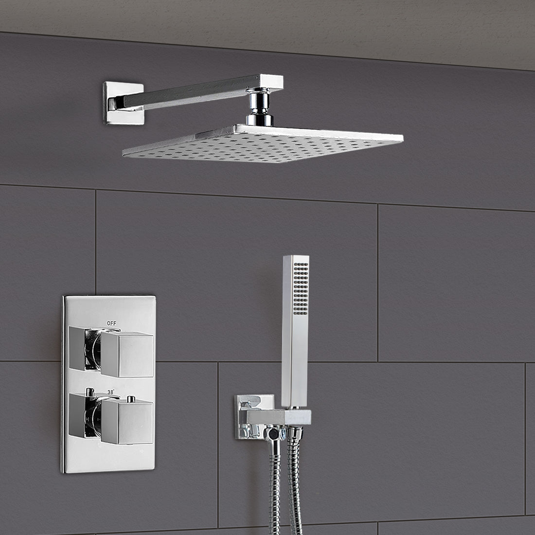 Olive Chrome Square 3 Way Concealed Thermostatic Shower Mixer Set - Shower Head, Handset & Bath Filler Spout