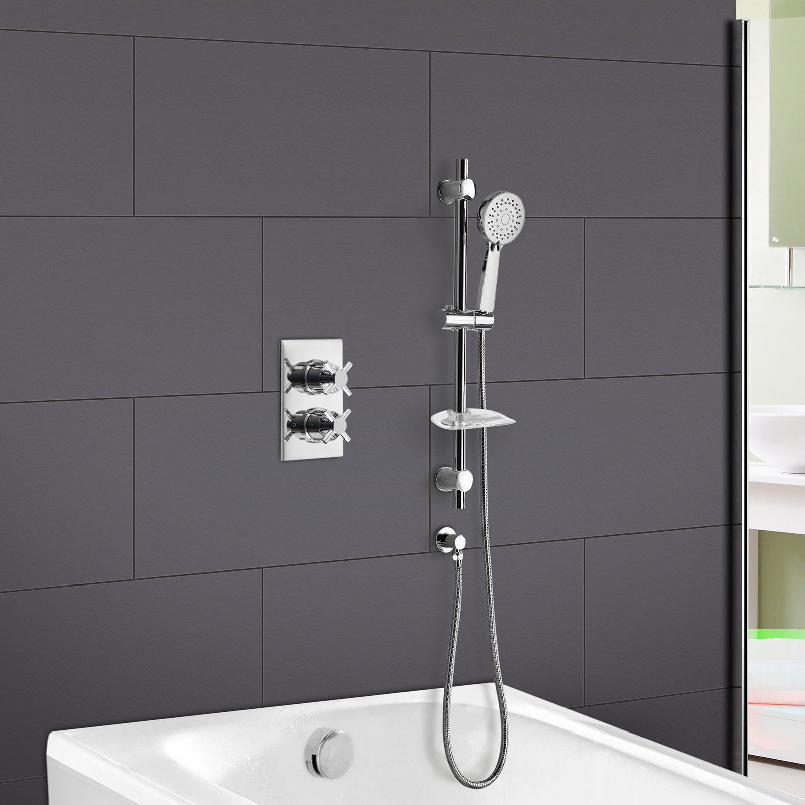 Lily 2 Dial 2 Way Round Concealed Thermostatic Mixer Valve, Slider Rail, Handset & Bath Filler Chrome