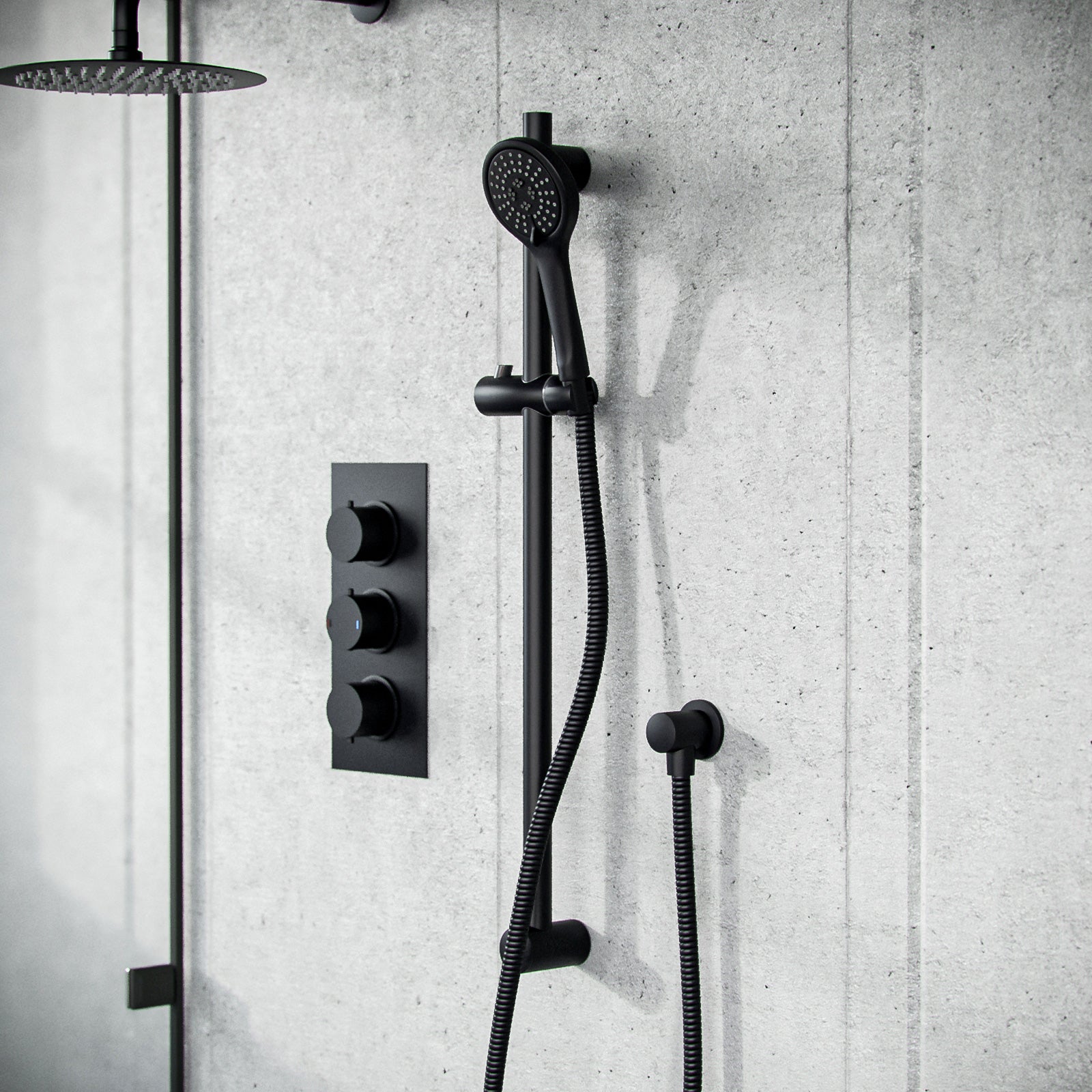 Temel 2-Way Overhead Shower And Matte Black Raiser Rail With Handset Set