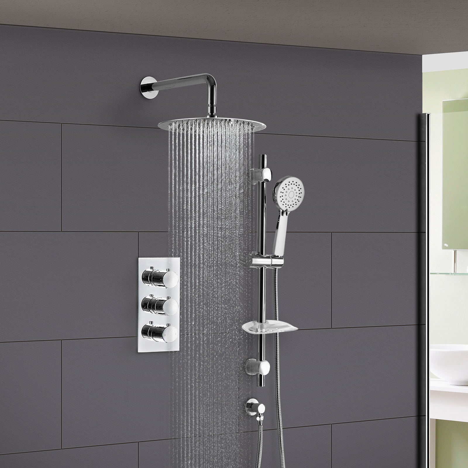 Lilly Thermostatic 2 Way Round Set - Slim Shower Head & Slider Rail Handset