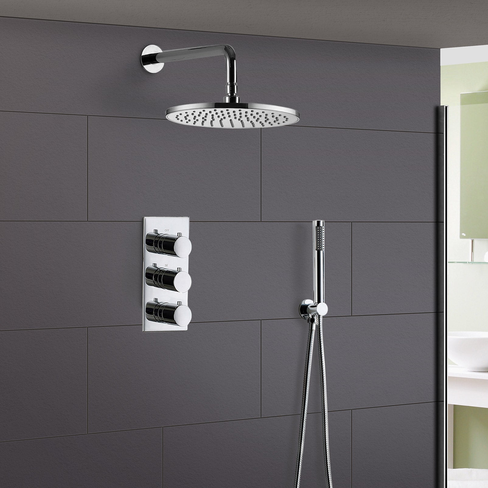 Calla Concealed Two-Way Three-Dial Valve With Slim Round Ceiling Shower Head And Handset Kit