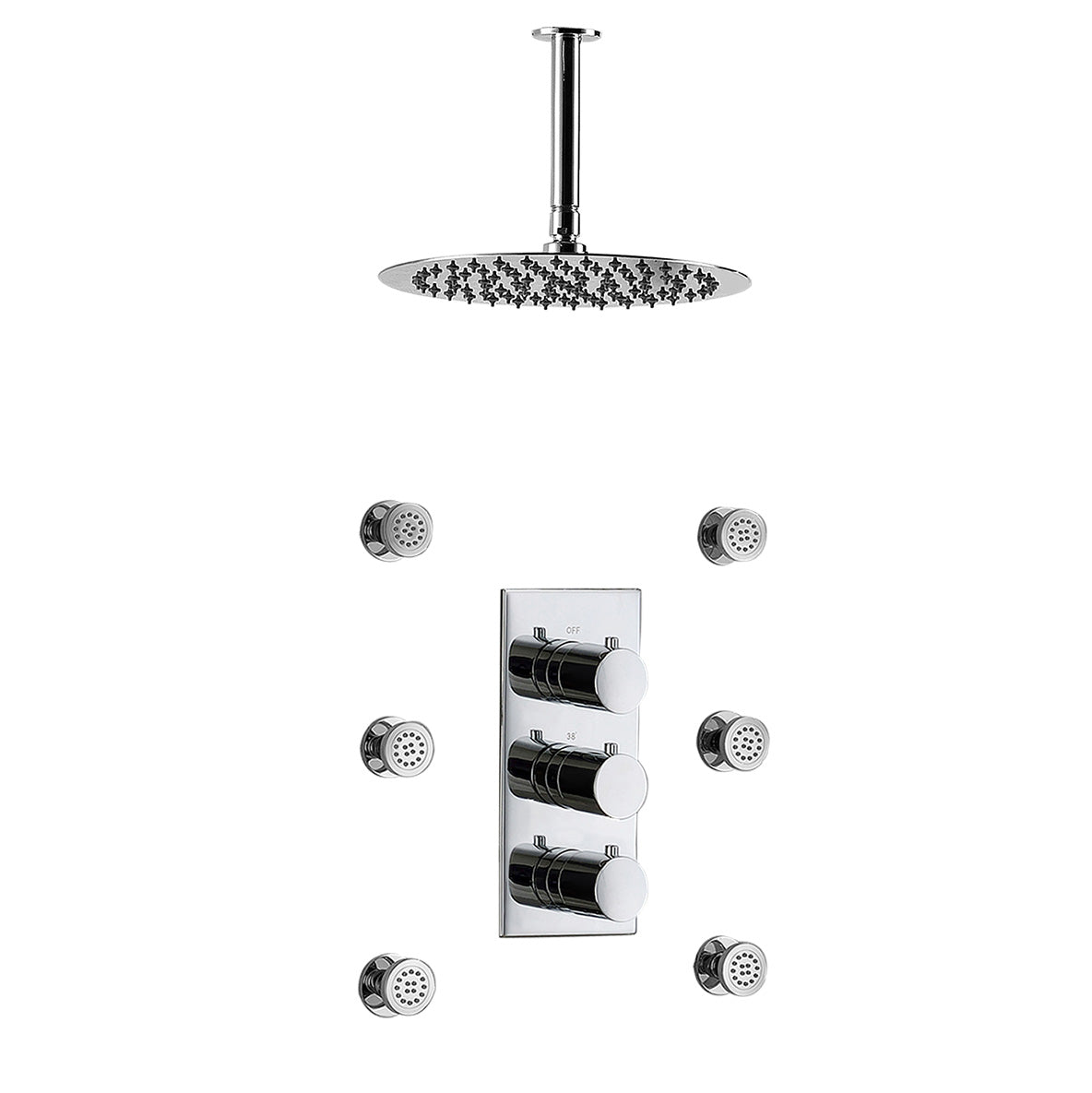 Calla Concealed Two-Way Valve With Slim Round Ceiling Shower Head And Body Jets Kit