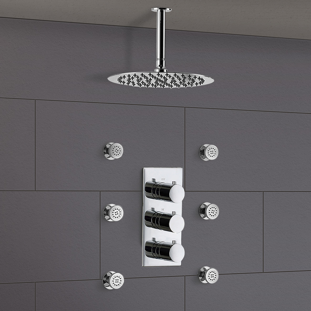 Calla Concealed Two-Way Valve With Slim Round Ceiling Shower Head And Body Jets Kit