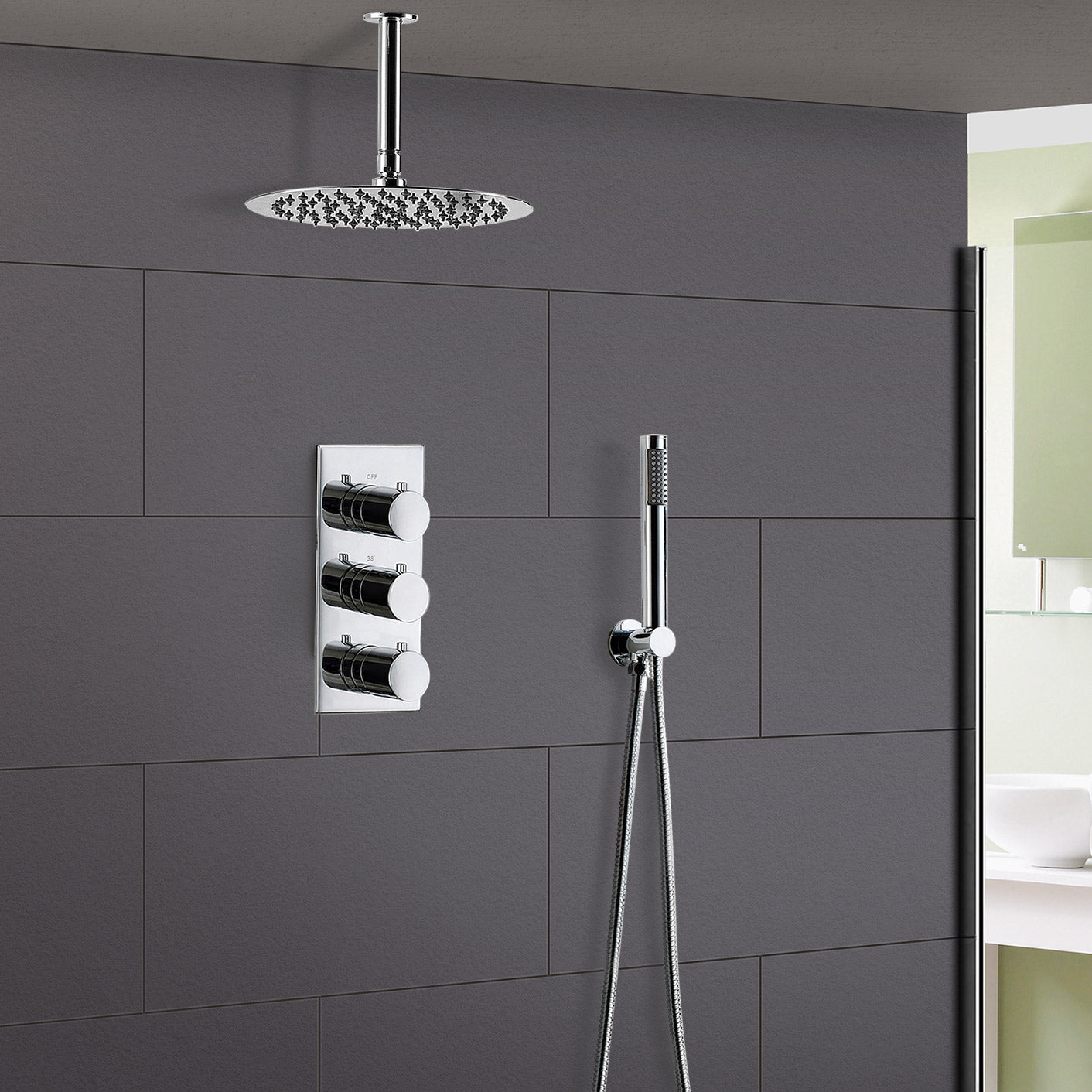 Lilly 2 Way Round Concealed Thermostatic Shower Mixer, Slim Shower Head & Handset