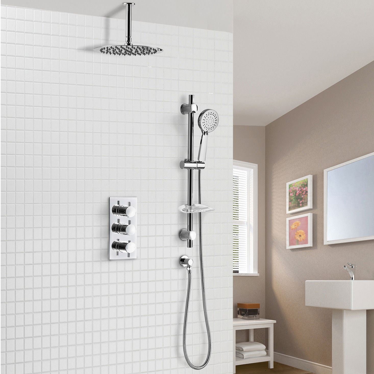 Calla Round Concealed Thermostatic Shower Valve Mixer Set - Ceiling Head & Adjustable Slider Rail Handset