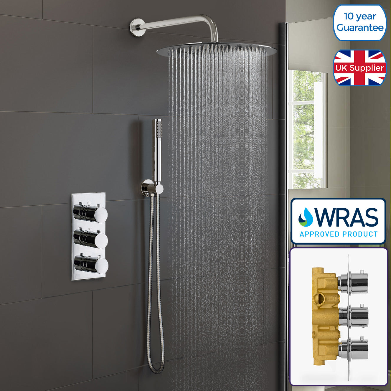 Orta Thermostatic Mixer Valve Hand Held Concealed Shower 2 Way 3 Dial