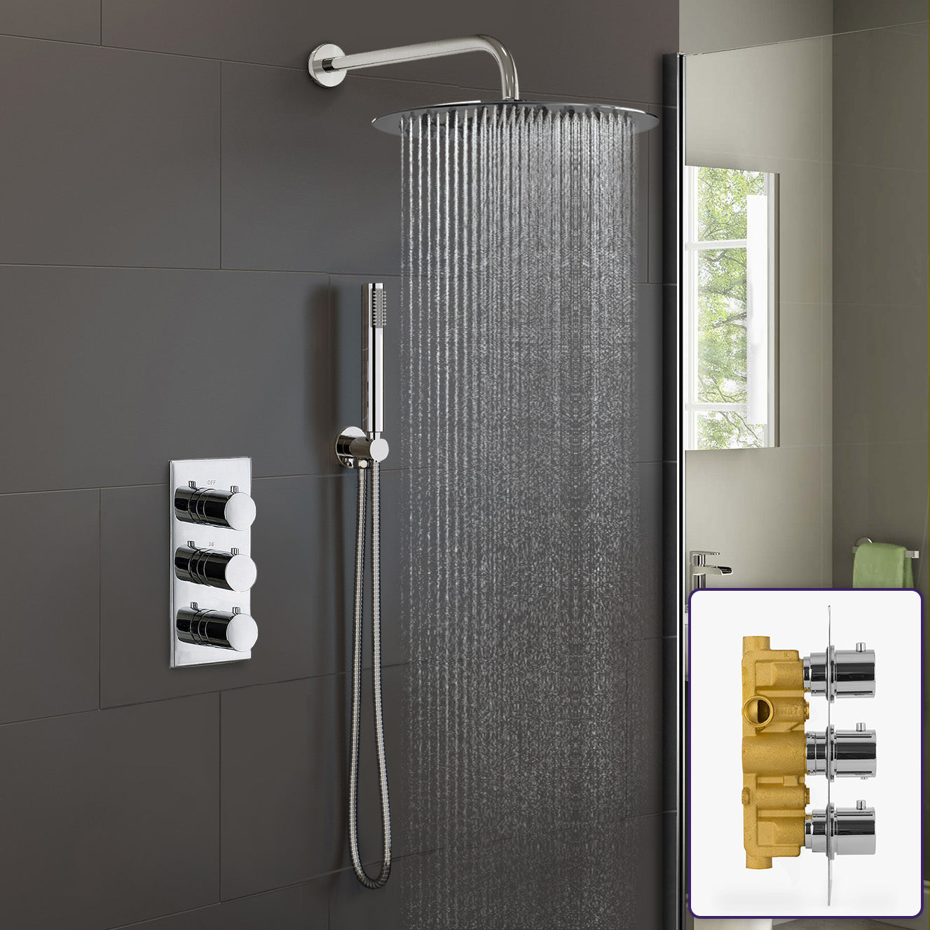 Calla Round Chrome Modern Concealed Thermostatic Mixer Valve Shower Head Set