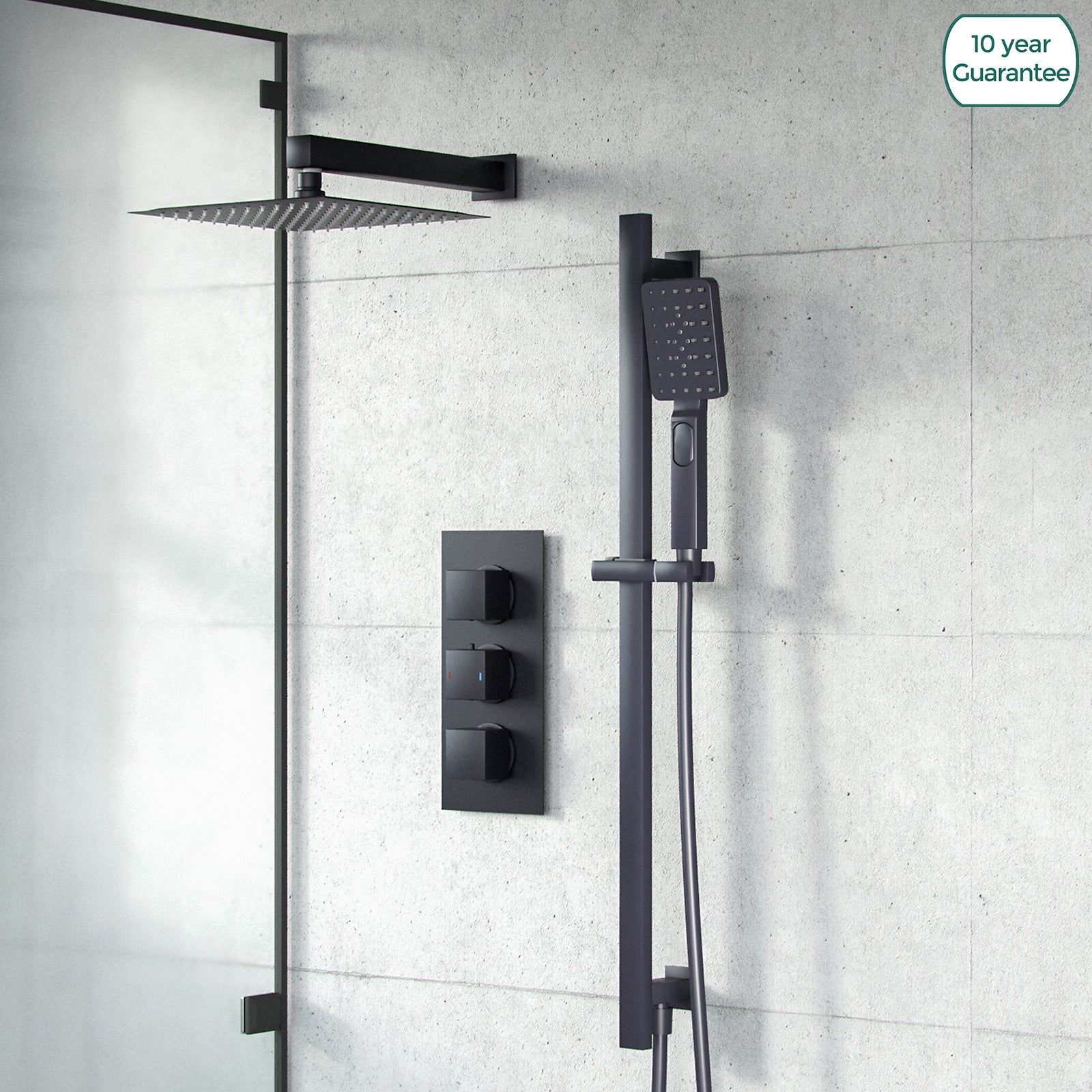 Temel Matte Black 2-Way 200mm Square Rainfall Shower Head Hand Held Mixer Valve