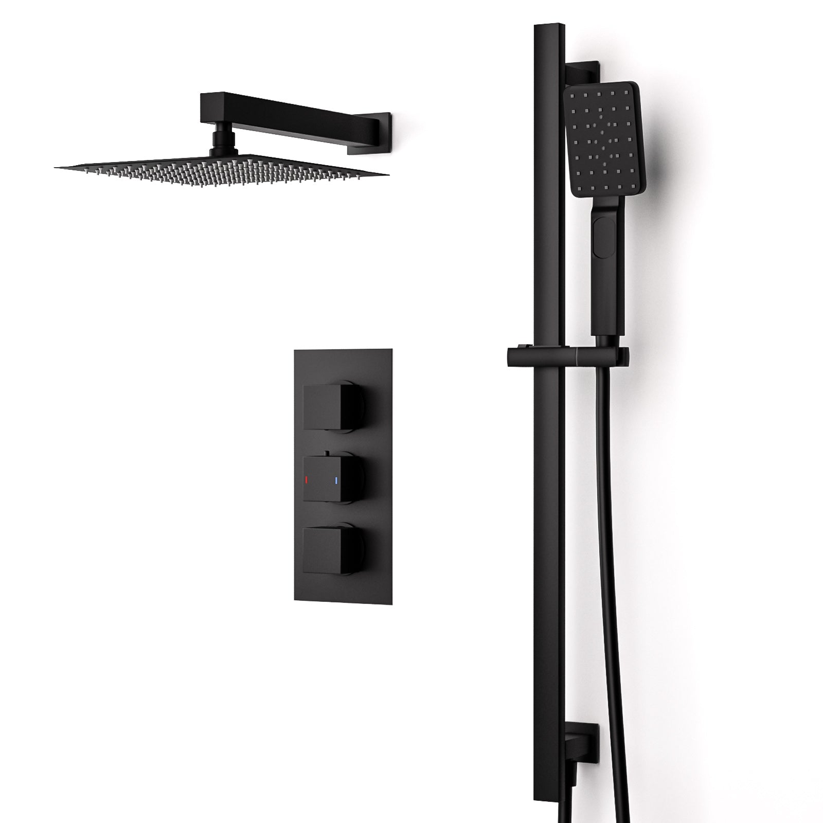 Temel Matte Black 2-Way 200mm Square Rainfall Shower Head Hand Held Mixer Valve