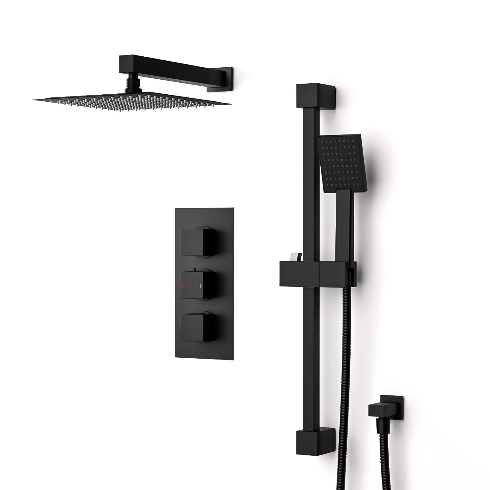 Temel Matt Black Rainfall Shower with Thermostatic Control and Hand Held Set