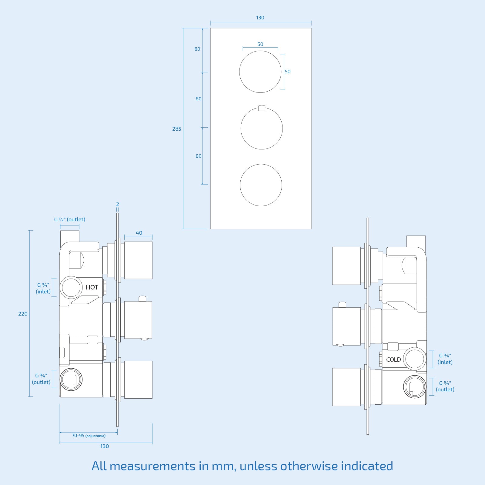 3 Dial 3 Way Round Concealed Thermostatic Shower Valve - Matt Black