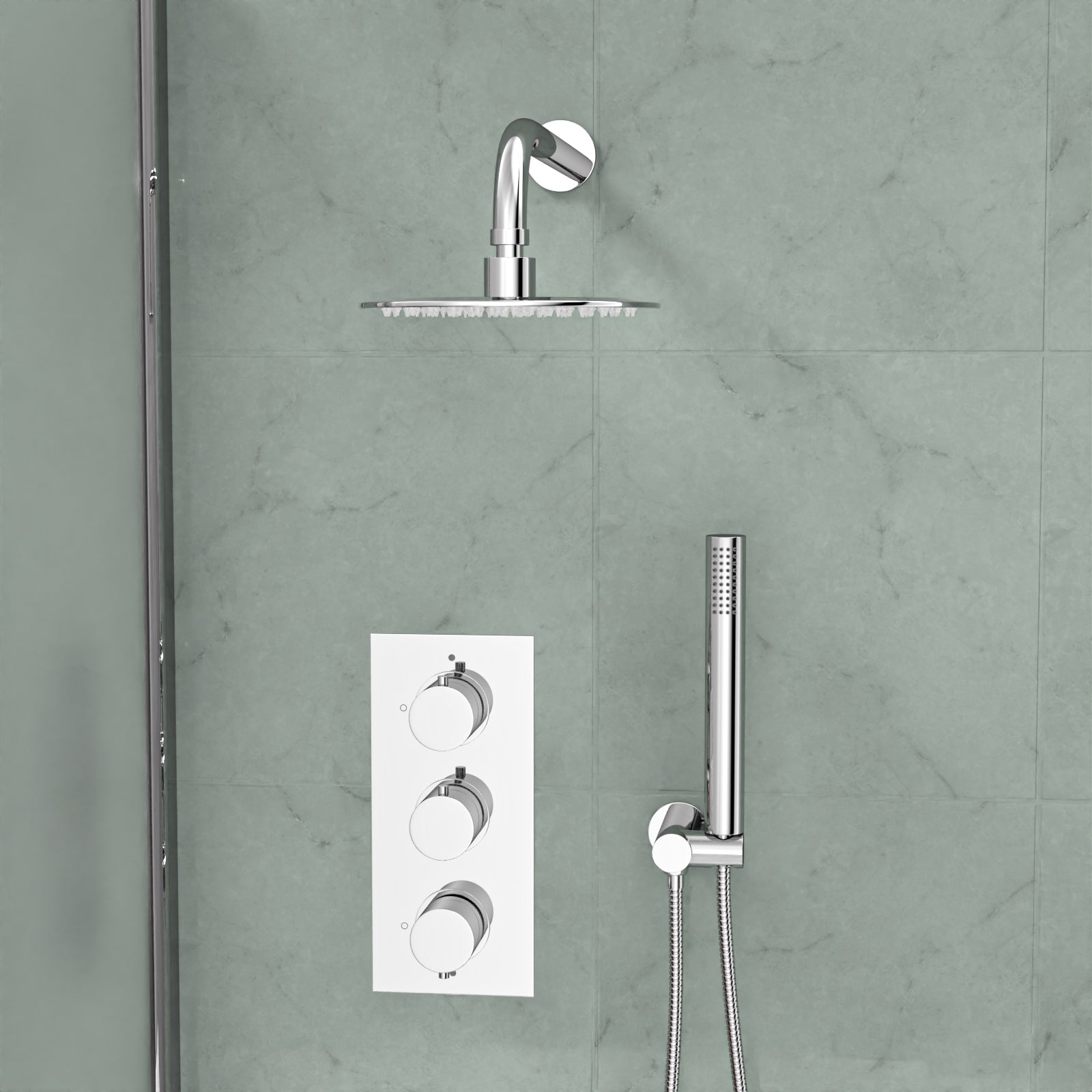 Flora Round 3 Way Concealed Thermostatic Shower Mixer Valve, Shower Head, Handset, Bath Filler Set Chrome