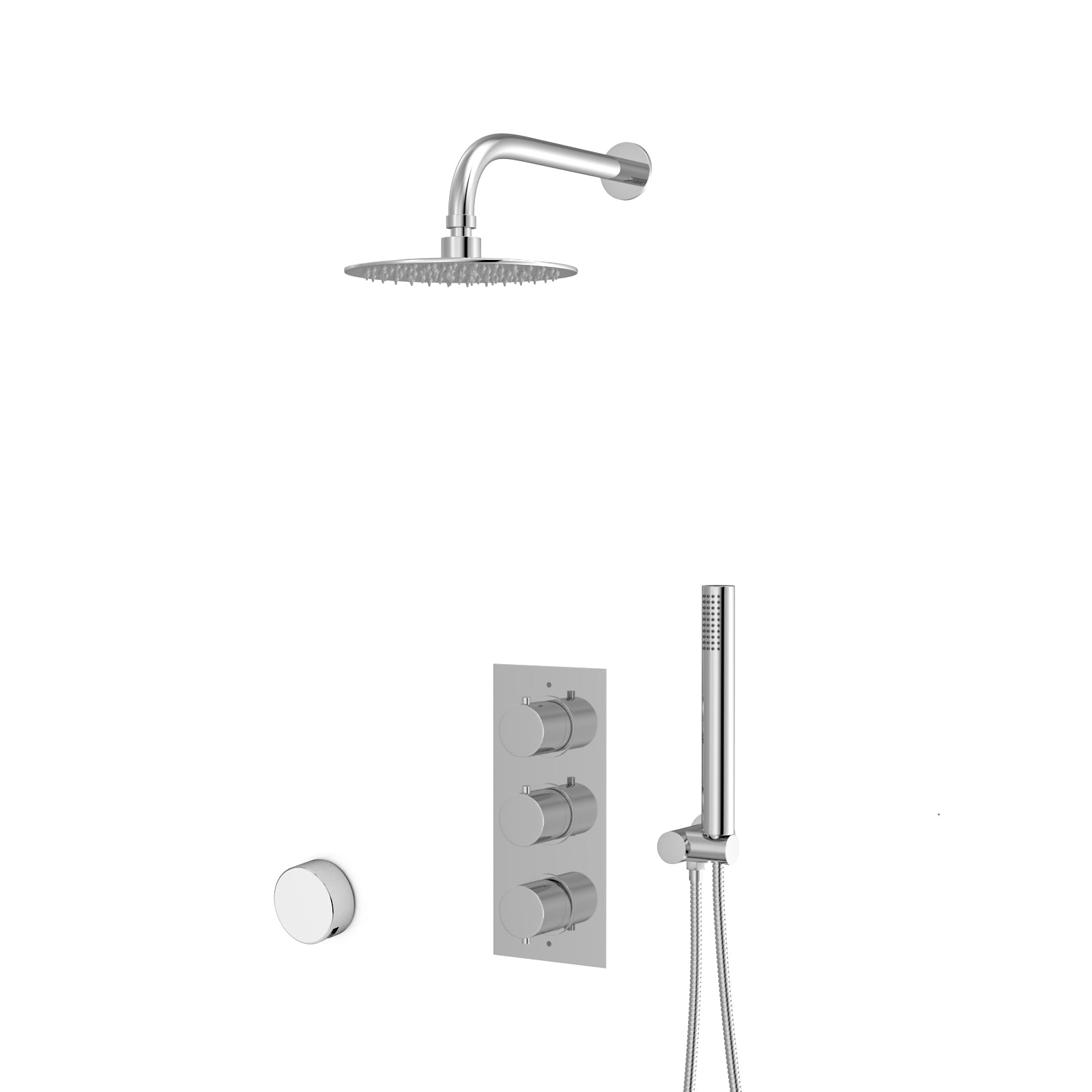 Flora Round 3 Way Concealed Thermostatic Shower Mixer Valve, Shower Head, Handset, Bath Filler Set Chrome