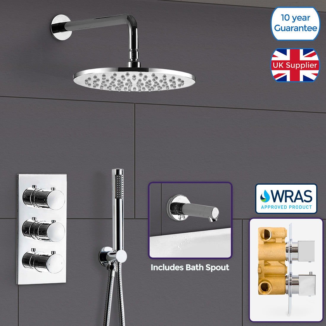 Bathroom 3 Dial 3 Way Concealed Round Thermostatic Shower Mixer Valve Chrome