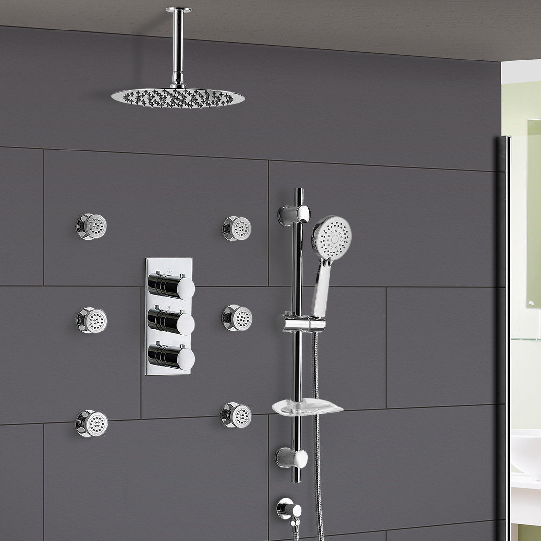 Flora 3 Dial 3 Way Round Set - Slim Shower Head, Handset & Body Jets