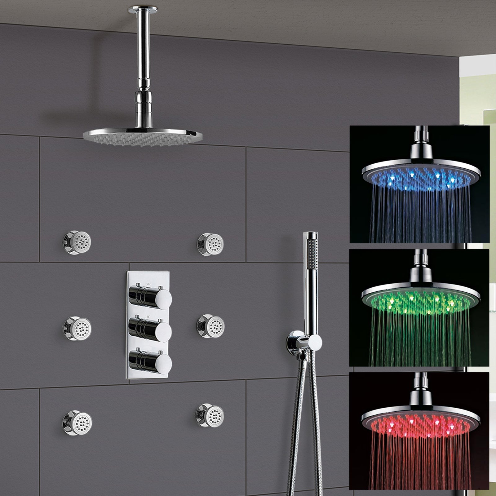 Flora 3 Dial 3 Way Round Set - Shower LED Head, Handset & Body Jets