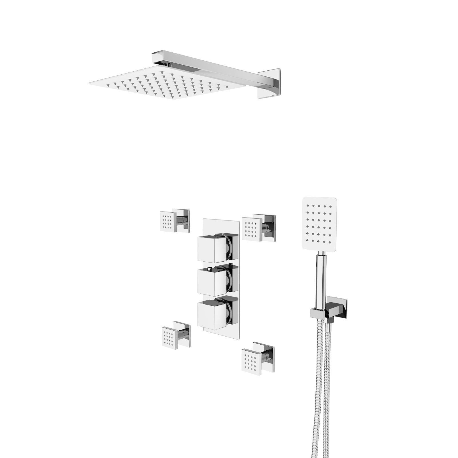 Olive Square 3 Way Concealed Thermostatic Shower Mixer Valve, Shower Head, Handheld, 4x Body Jets Set Chrome