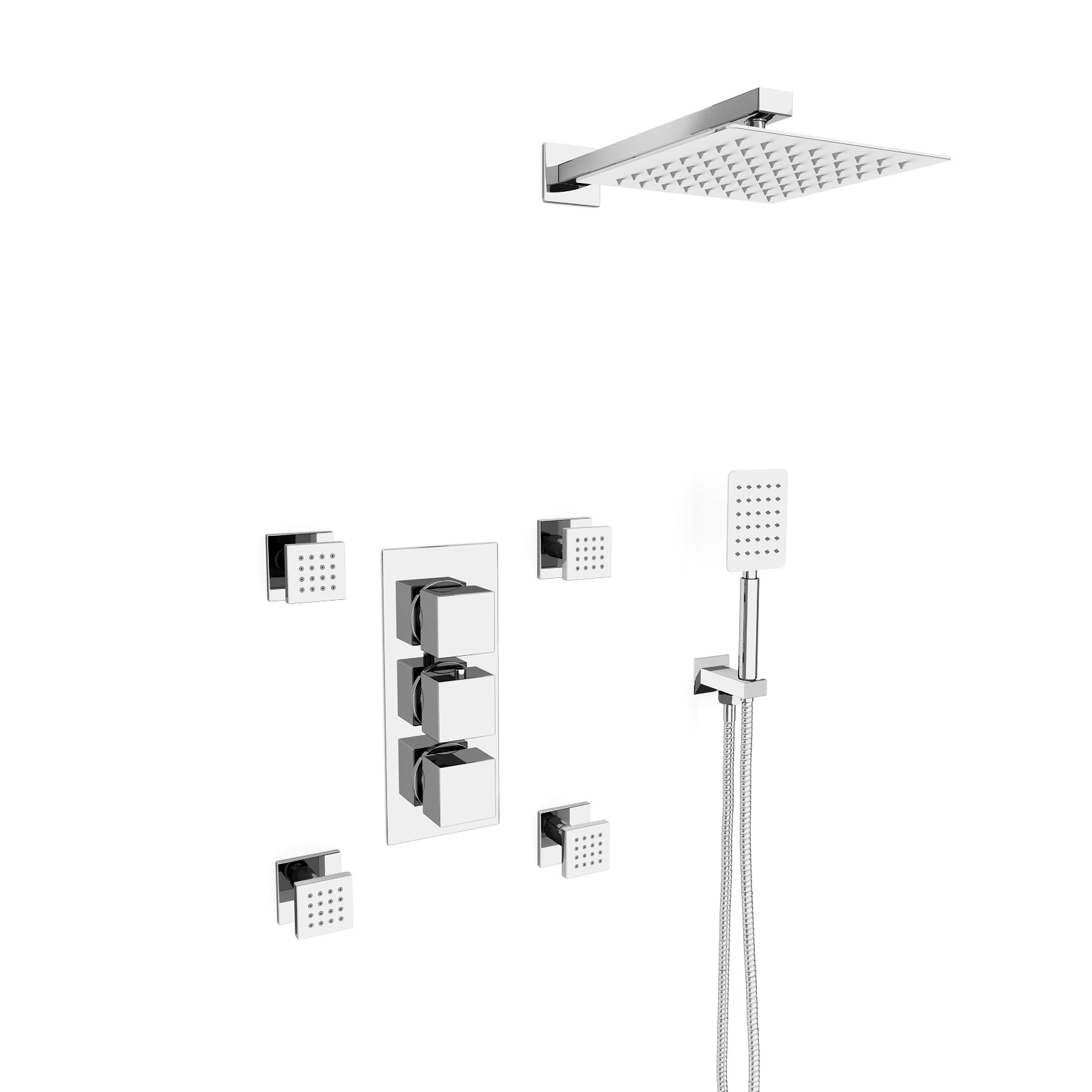 Olive Square 3 Way Concealed Thermostatic Shower Mixer Valve, Shower Head, Handheld, 4x Body Jets Set Chrome