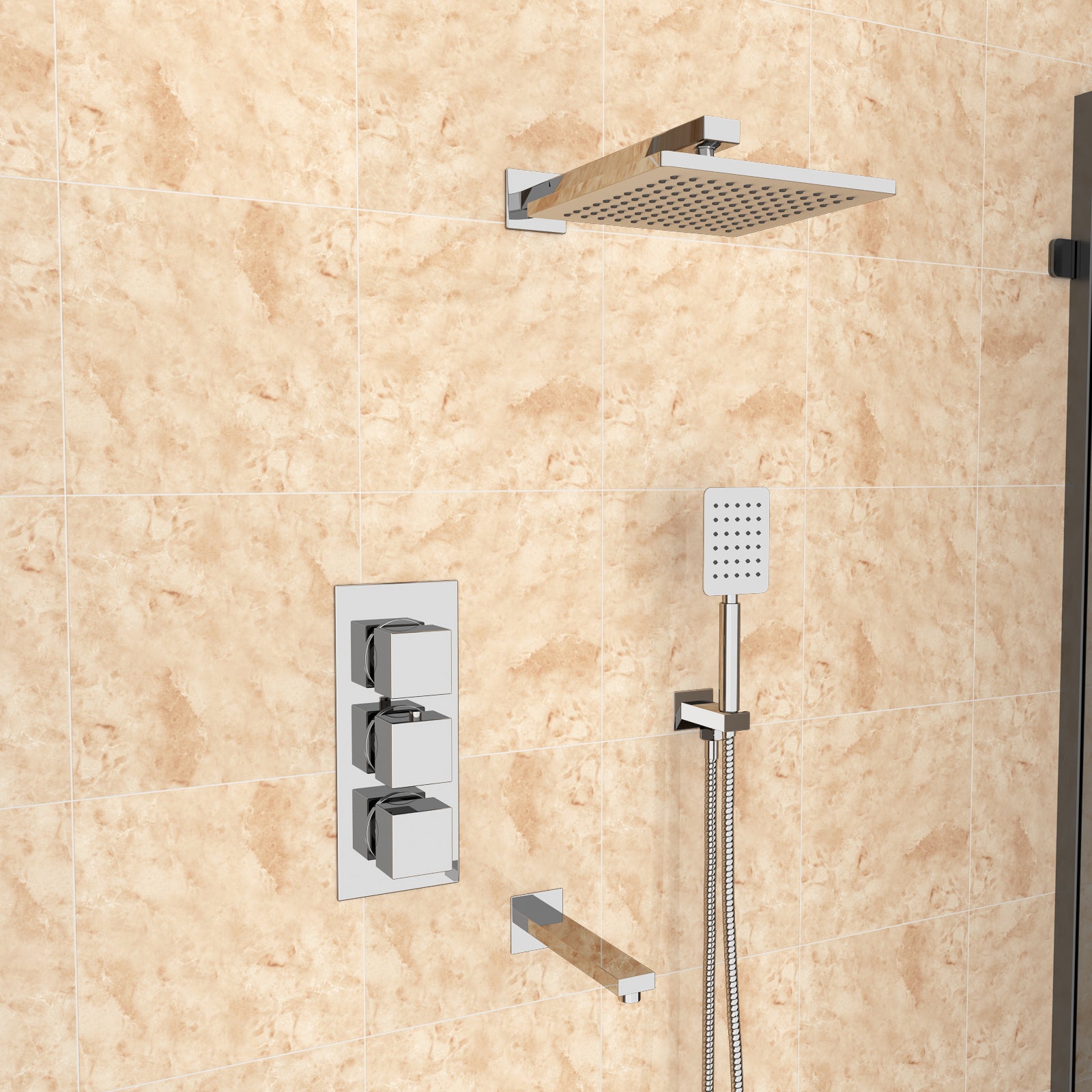 Olive Square 3 Way Concealed Thermostatic Shower Mixer Valve Bath Spout Shower Head Arm Handheld Set Chrome
