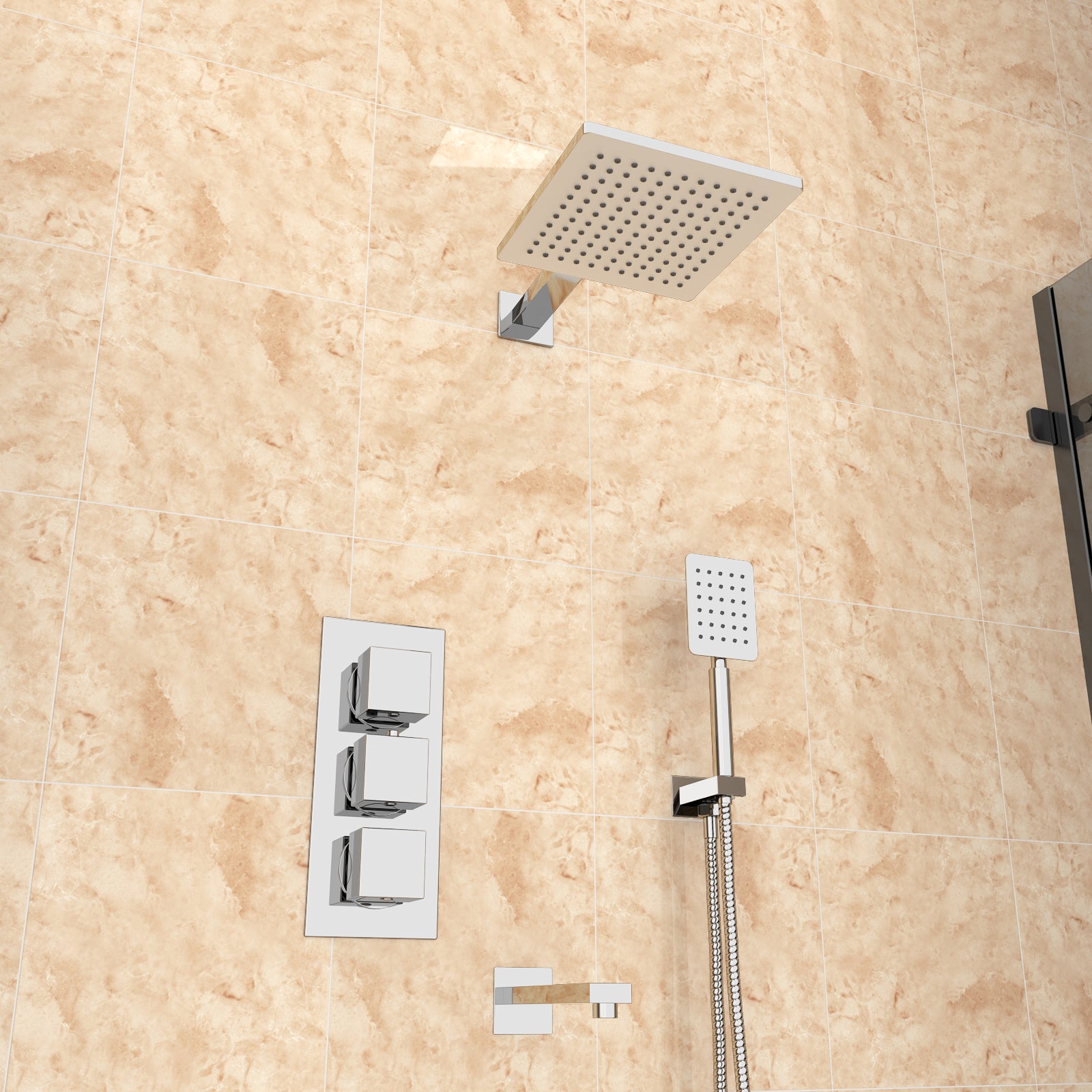Olive Square 3 Way Concealed Thermostatic Shower Mixer Valve Bath Spout Shower Head Arm Handheld Set Chrome