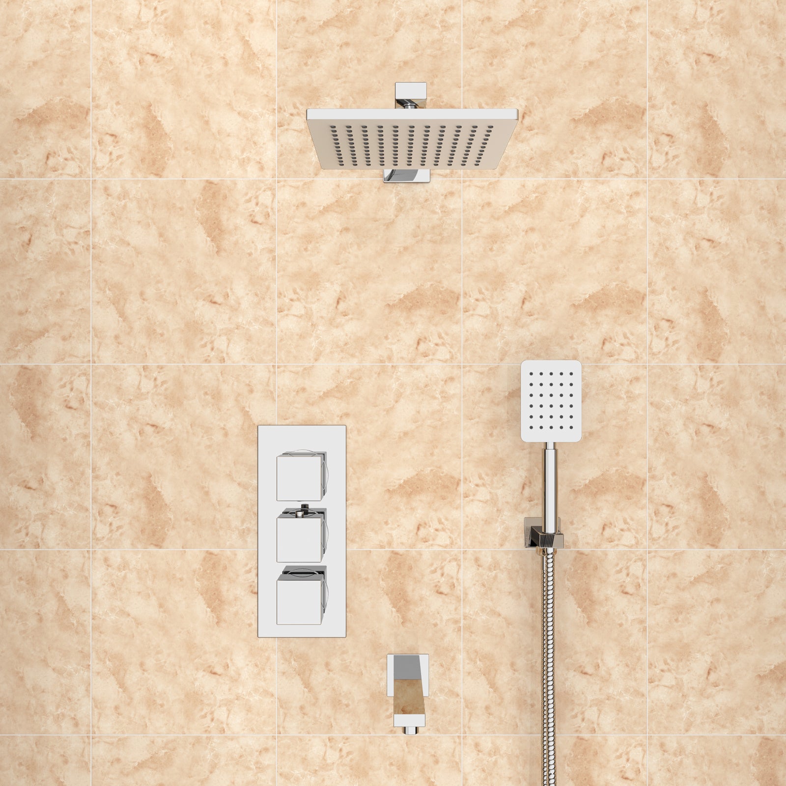Olive Square 3 Way Concealed Thermostatic Shower Mixer Valve Bath Spout Shower Head Arm Handheld Set Chrome